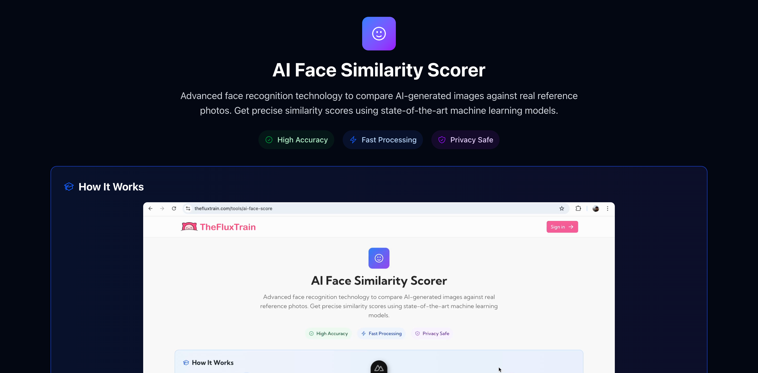 AI Face Similarity Scorer tool page showing the How It Works steps: upload images, AI analysis, view results
