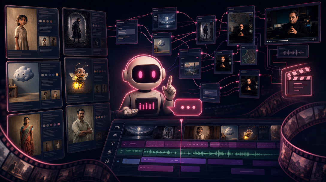 Stylized collage of character bibles, Flow Studio node graph, and video editor timeline for an AI short film tutorial