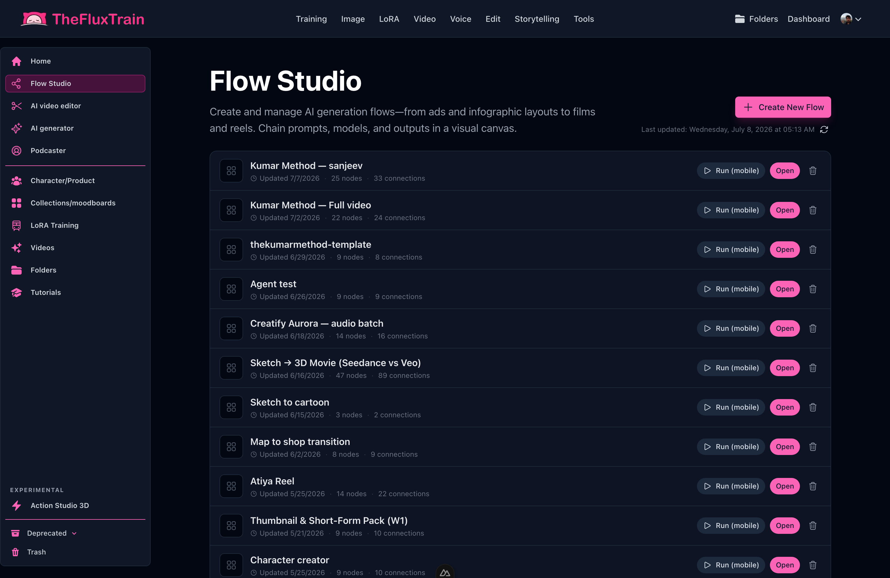 Saved Flow Studio projects you can clone per film or ad series