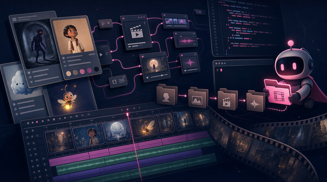 Stylized collage of character bibles, Flow Studio graph, video editor timeline, and code editor motif for a Cursor AI short film tutorial