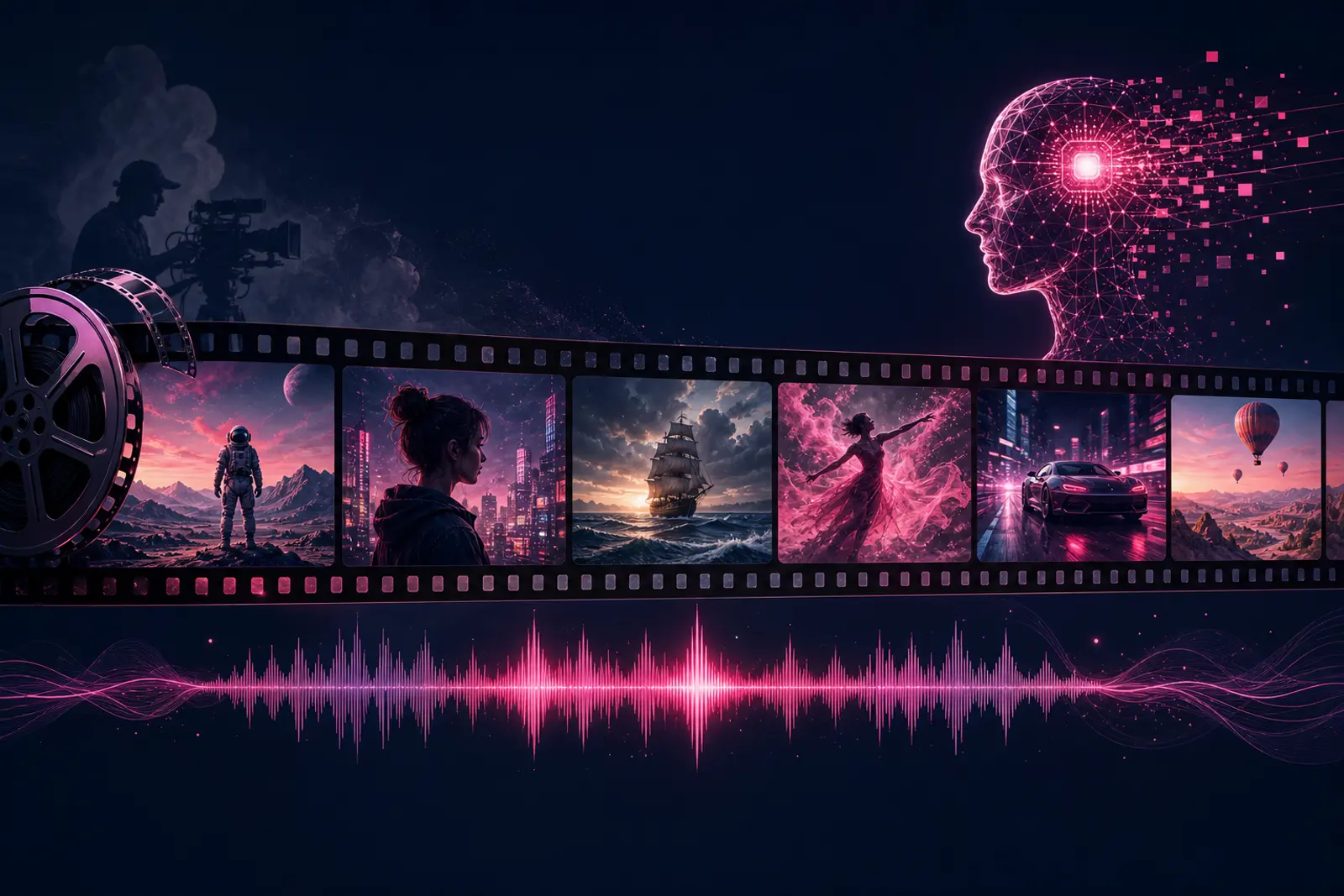 Editorial collage of a long video timeline strip and audio waveform for a 20-second AI video clip