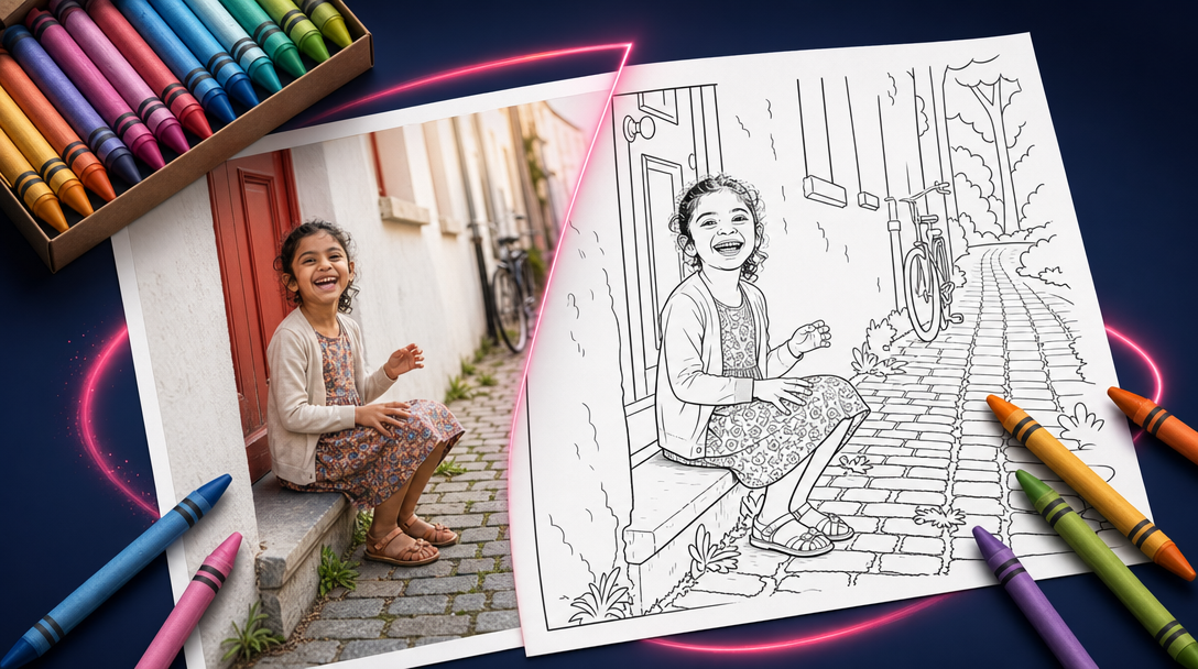 A family photo of a child beside the same scene as a bold black-and-white printable coloring page, with crayons around it