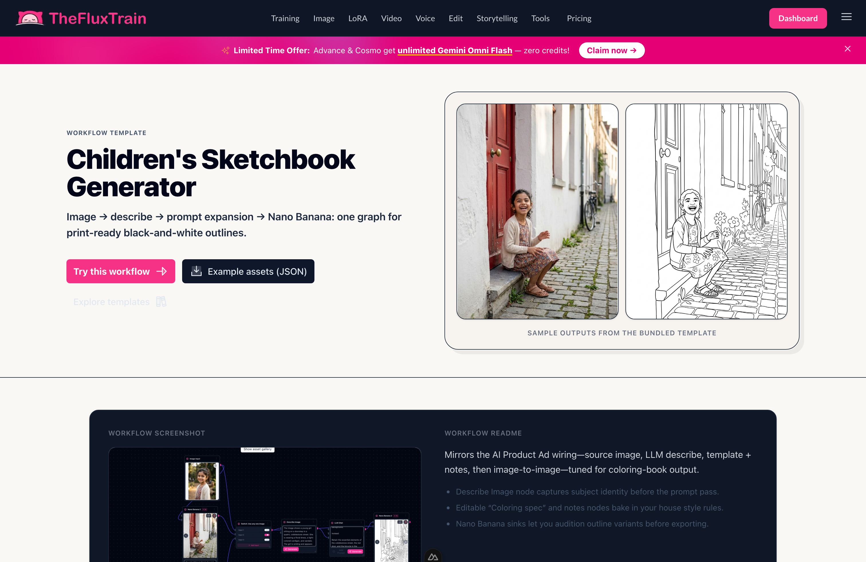 Children's Sketchbook Generator landing page with sample outputs and the Try this workflow button
