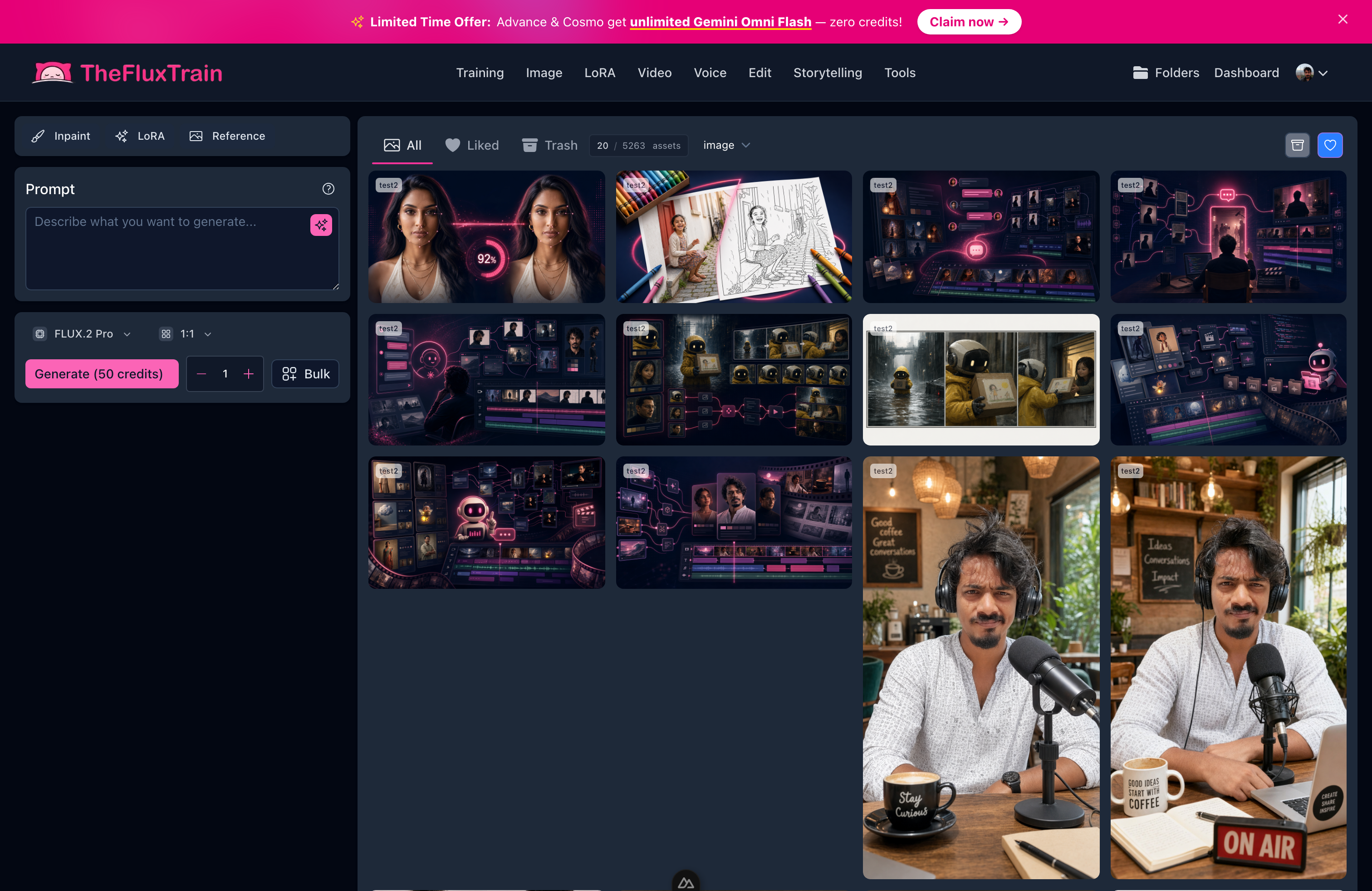 Story Studio on TheFluxTrain with the prompt panel and a grid of generated scenes