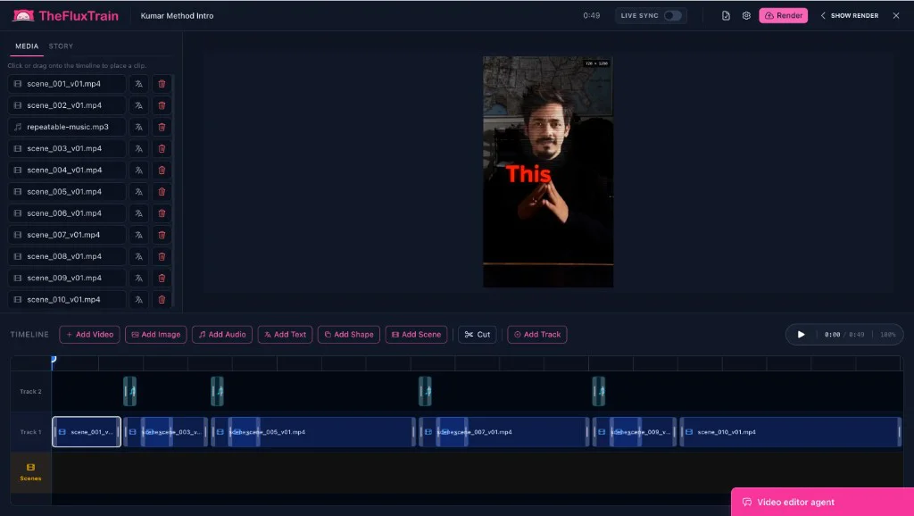 Kumar Method intro timeline in the Video Editor — scene clips on track 1, music on track 2