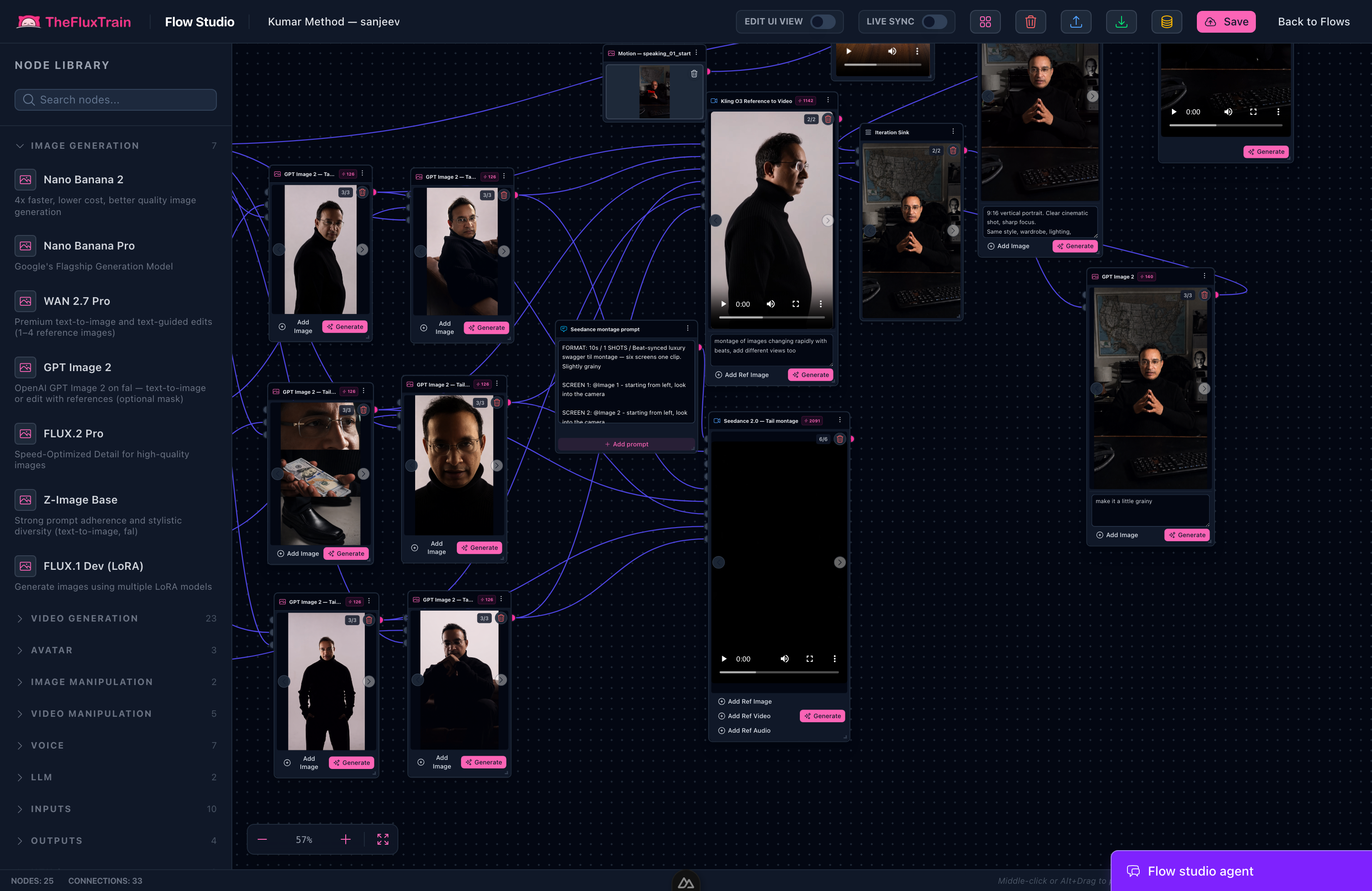 Flow Studio graph wiring image, video, and prompt nodes for film production