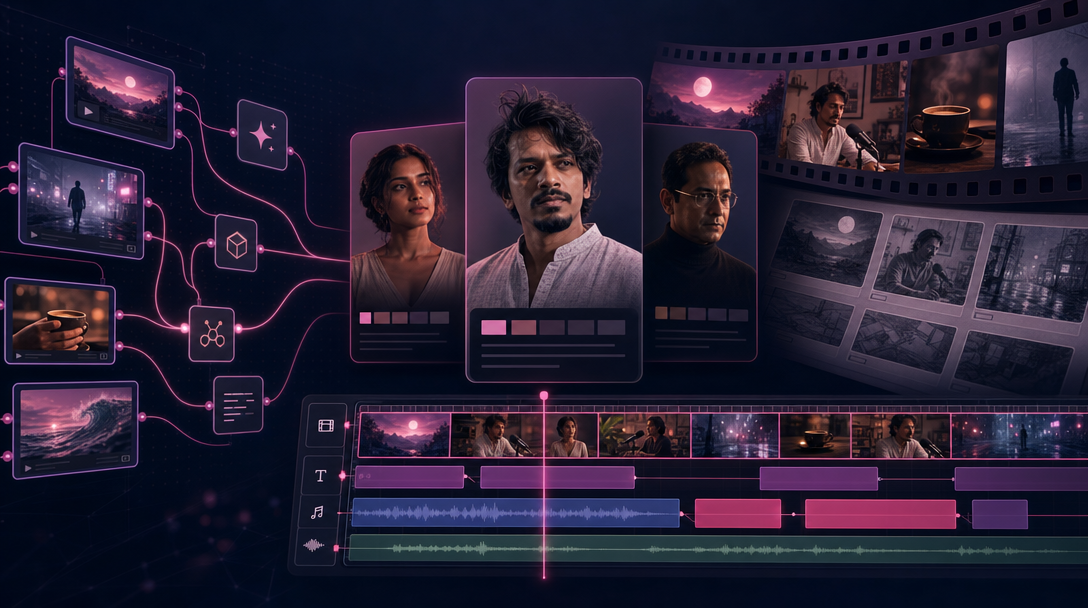 Stylized vibe video production collage—character bibles, Flow Studio node graph, and video editor timeline