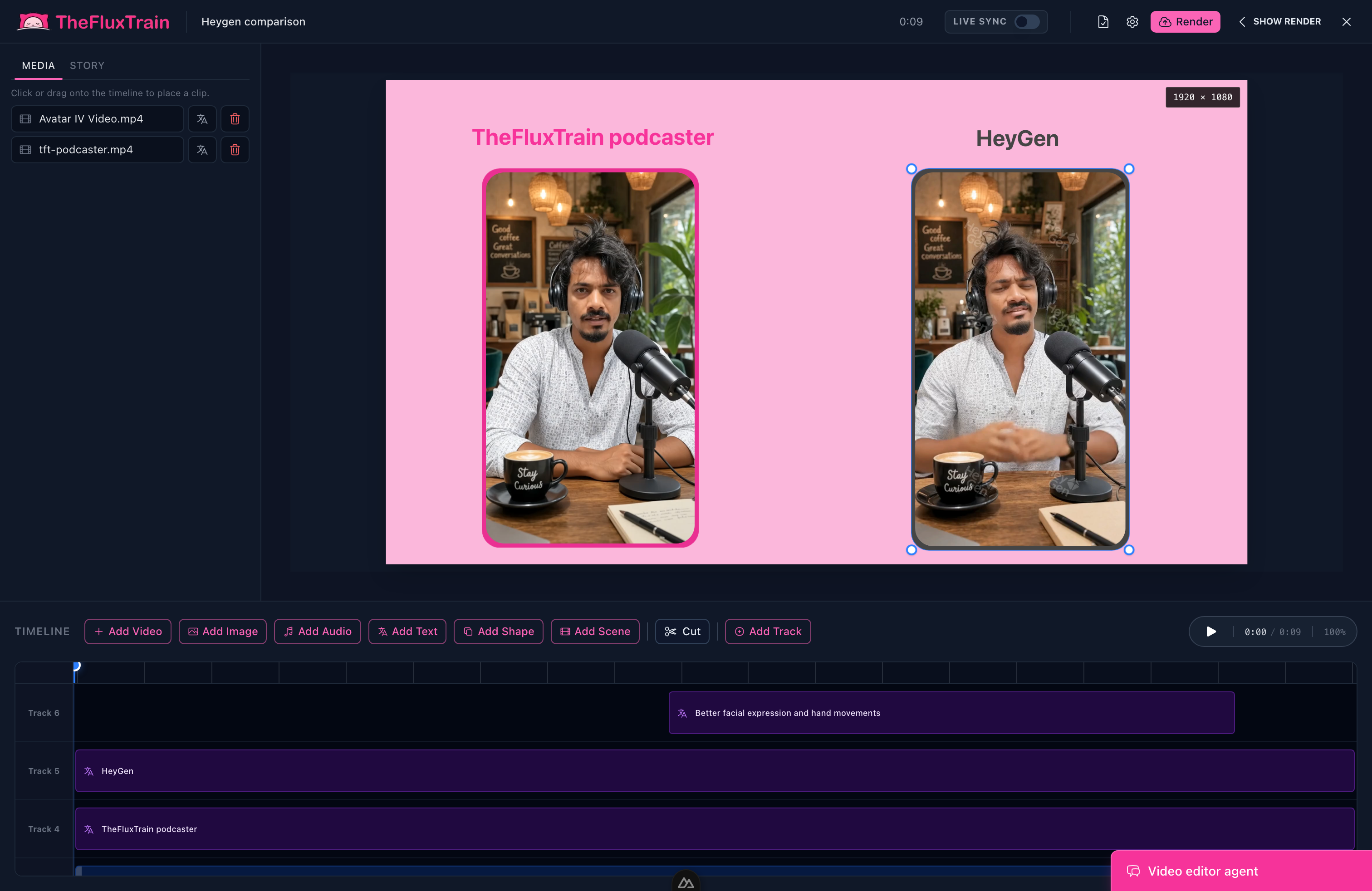 Video editor timeline with clips, tracks, and trim handles
